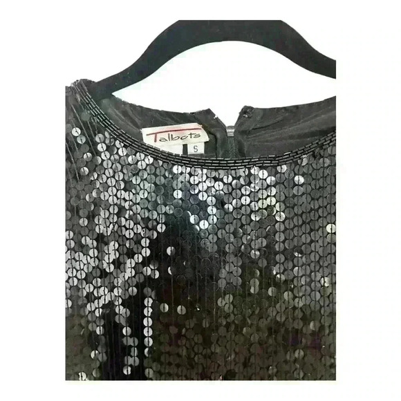 Talbots Vintage 100% Silk Black Sequin Round Neck Short Sleeve Blouse, sz Small - Picture 3 of 11